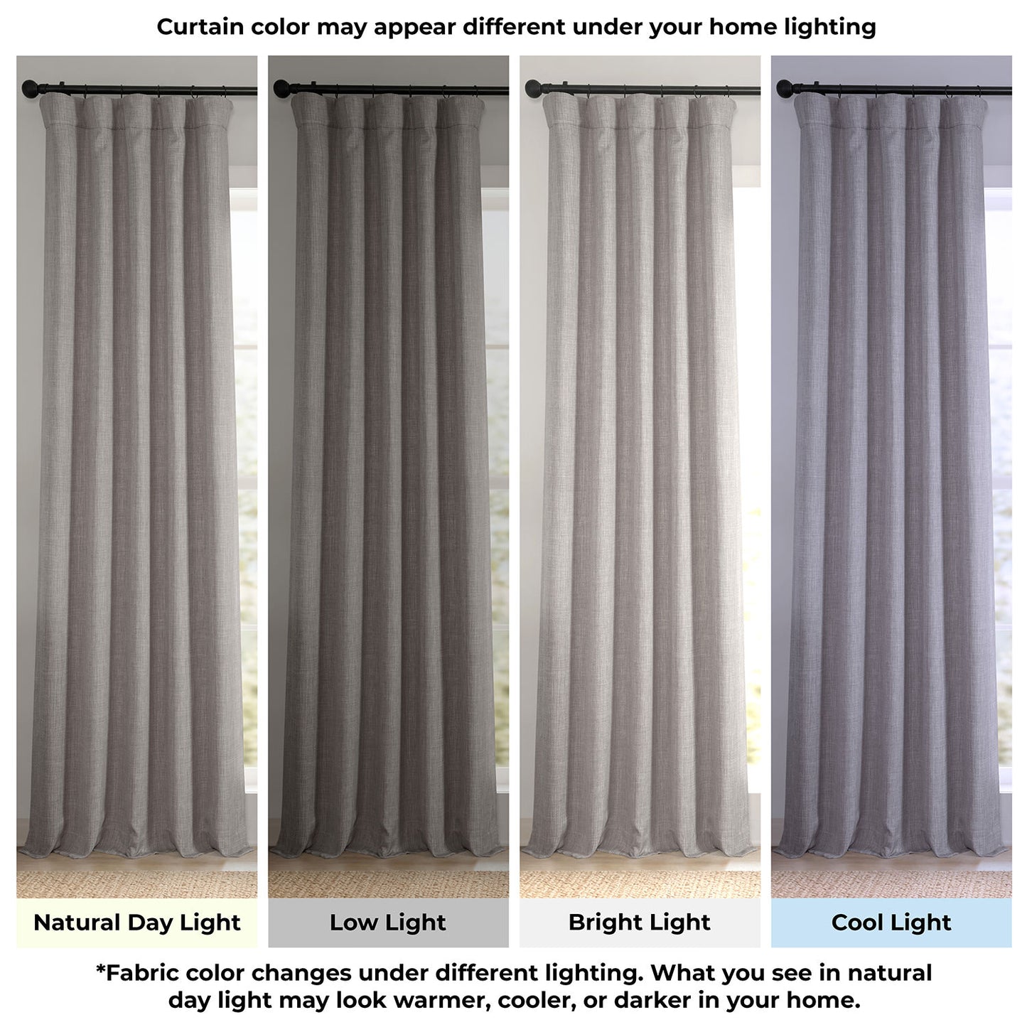 Gray curtains shown under different lighting conditions to indicate color variation.