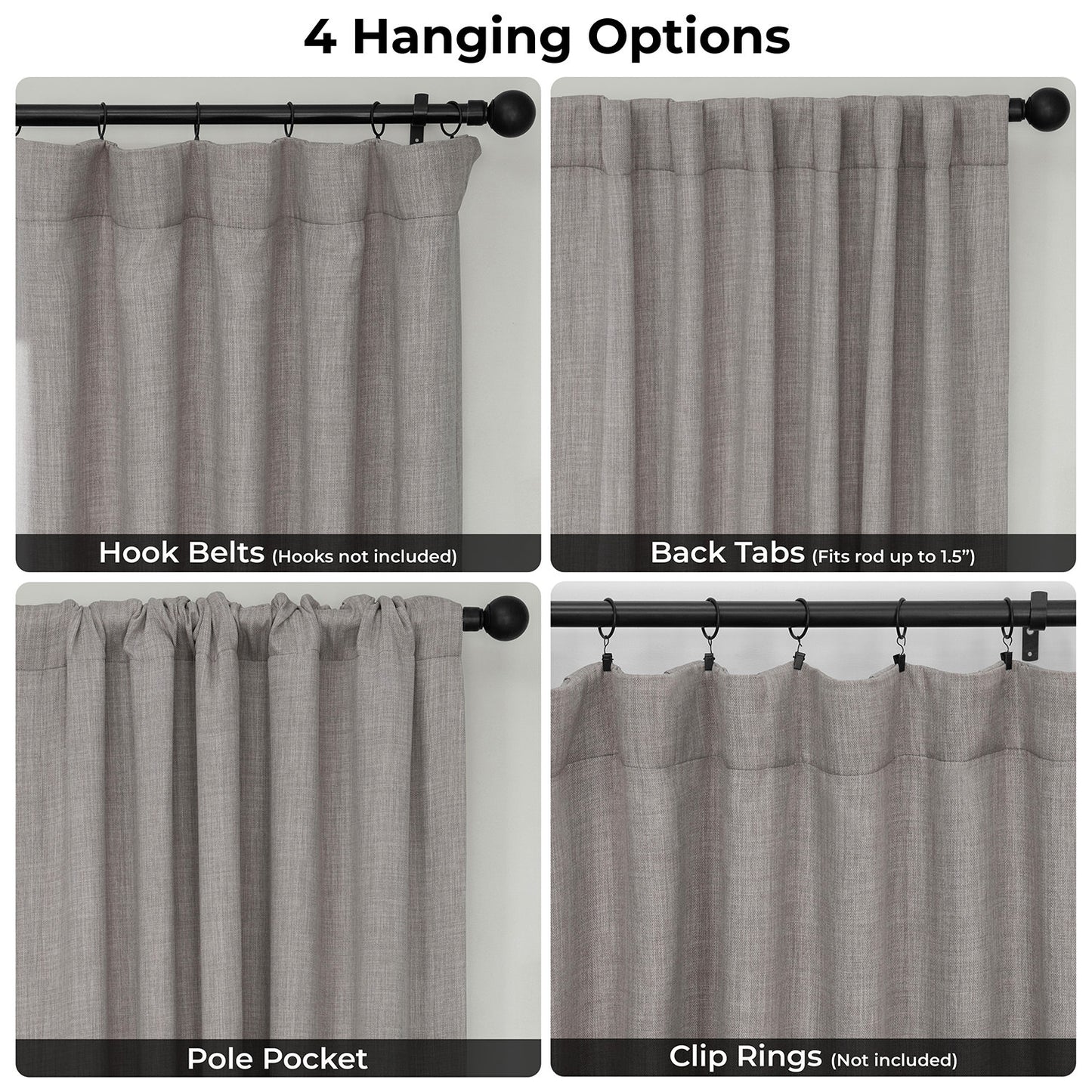 Collage of gray curtains with different hanging options labeled.