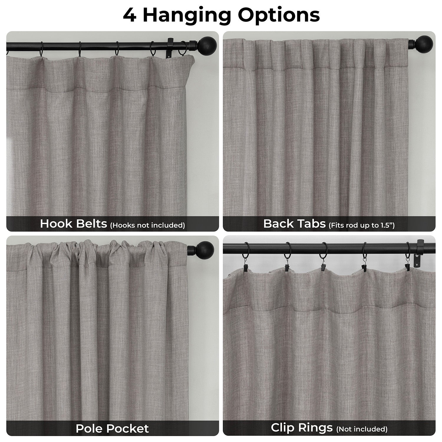 Collage of gray curtains with different hanging options labeled.