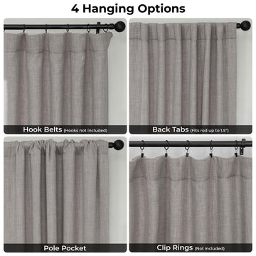 Collage of gray curtains with different hanging options labeled.