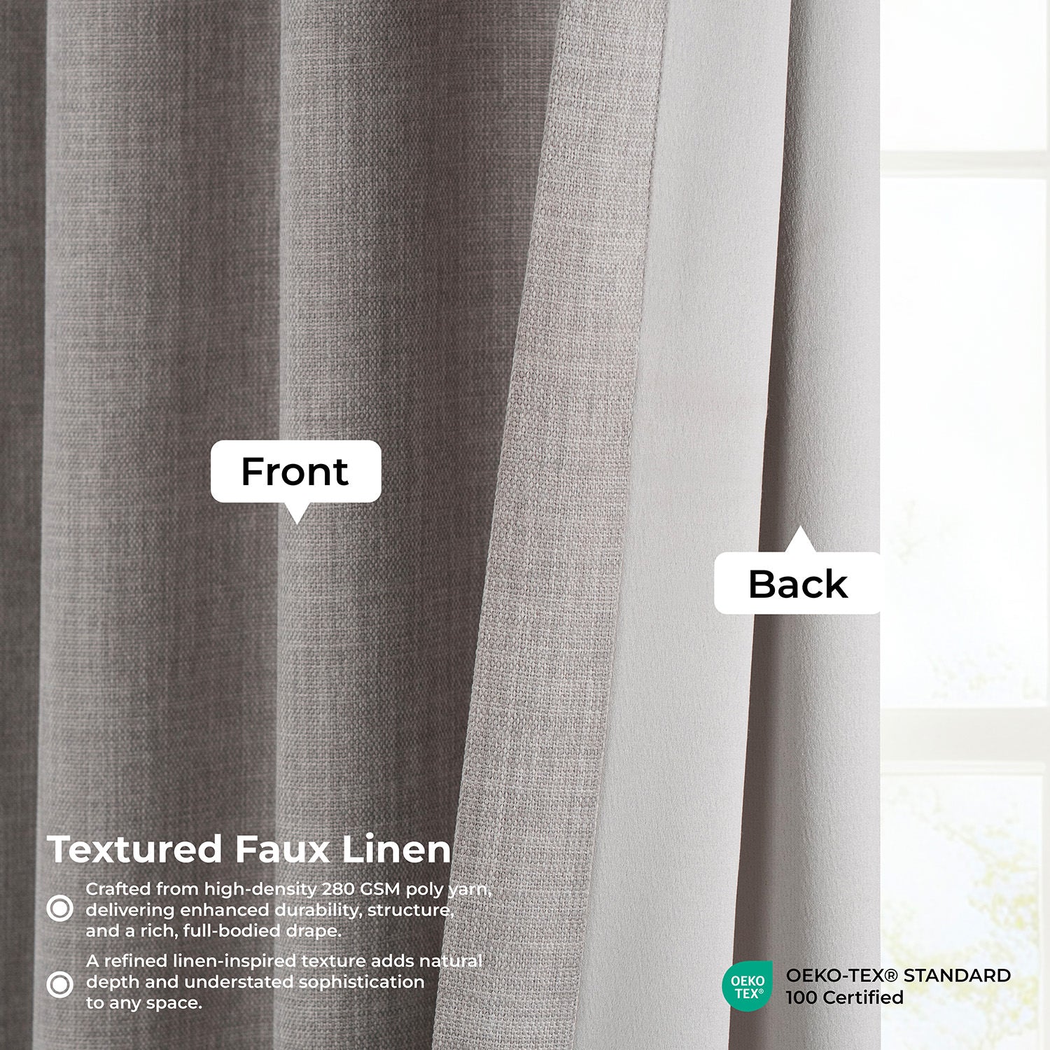 Textured faux linen curtain with labeled front and back, featuring OEKO-TEX certification.