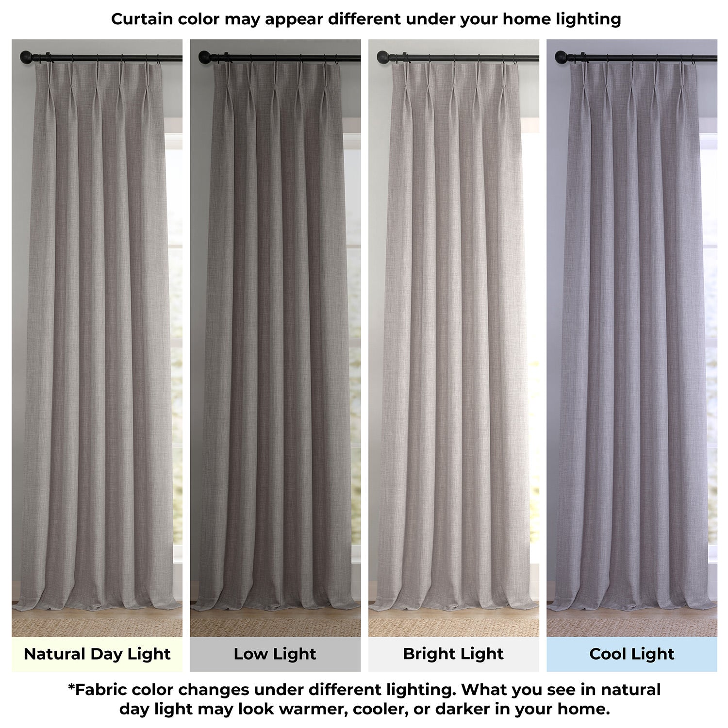 Gray curtains shown under different lighting conditions to indicate color appearance changes.