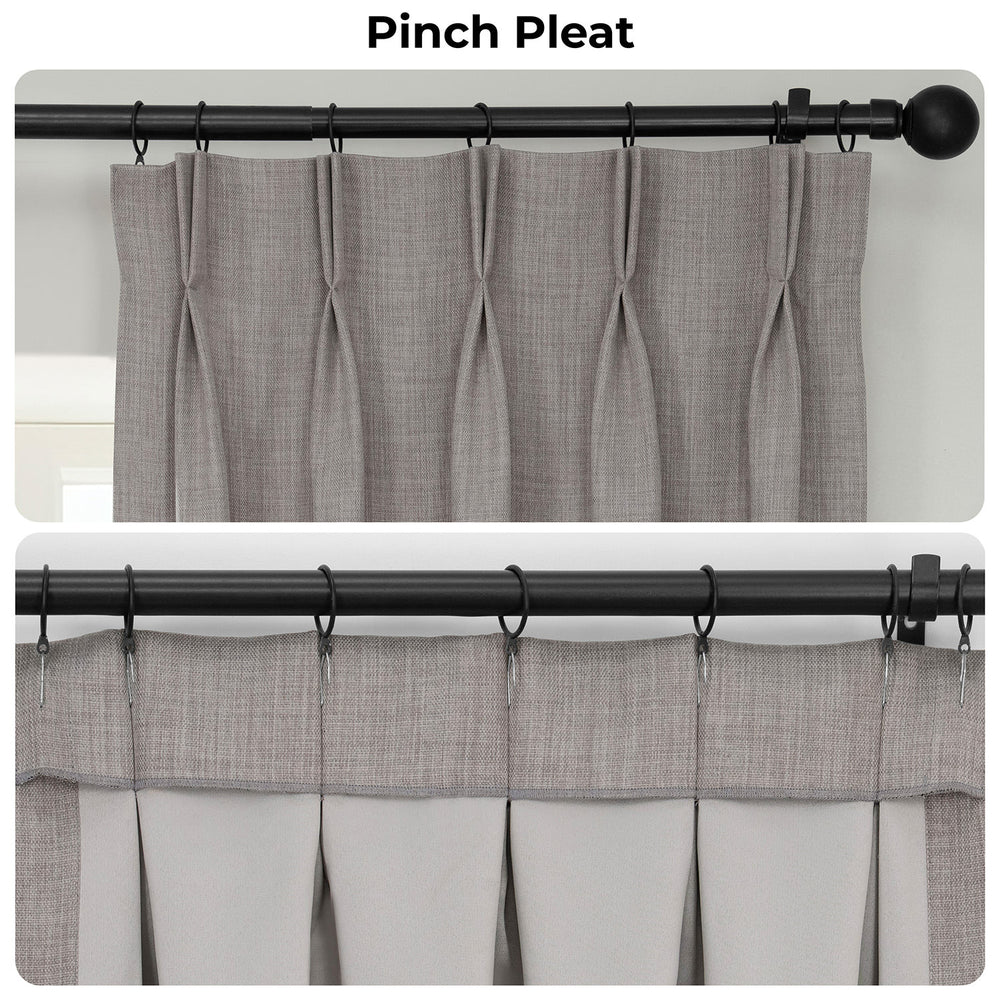 Gray curtains with a pinch pleat design on a black rod against a white background.