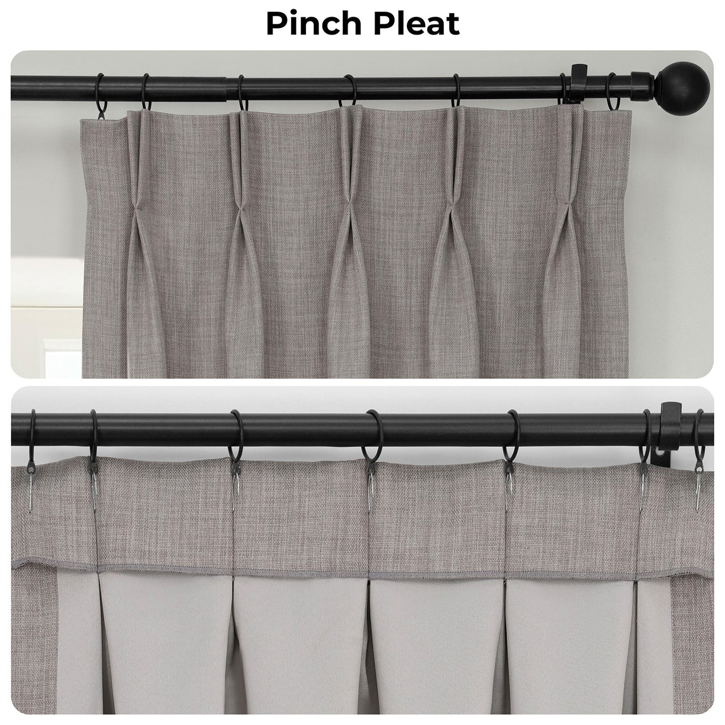 Gray curtains with a pinch pleat design on a black rod against a white background.