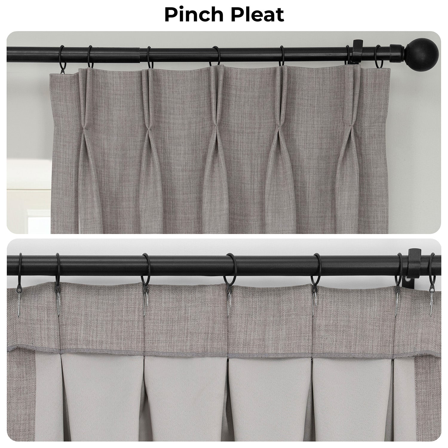 Gray curtains with a pinch pleat design on a black rod against a white background.