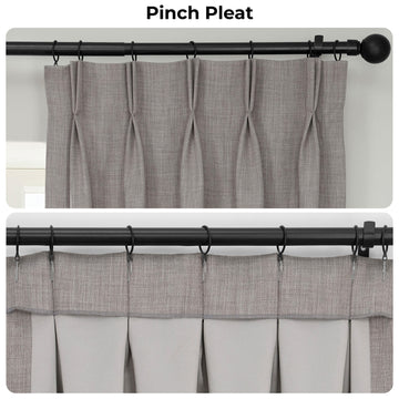 Gray curtains with a pinch pleat design on a black rod against a white background.