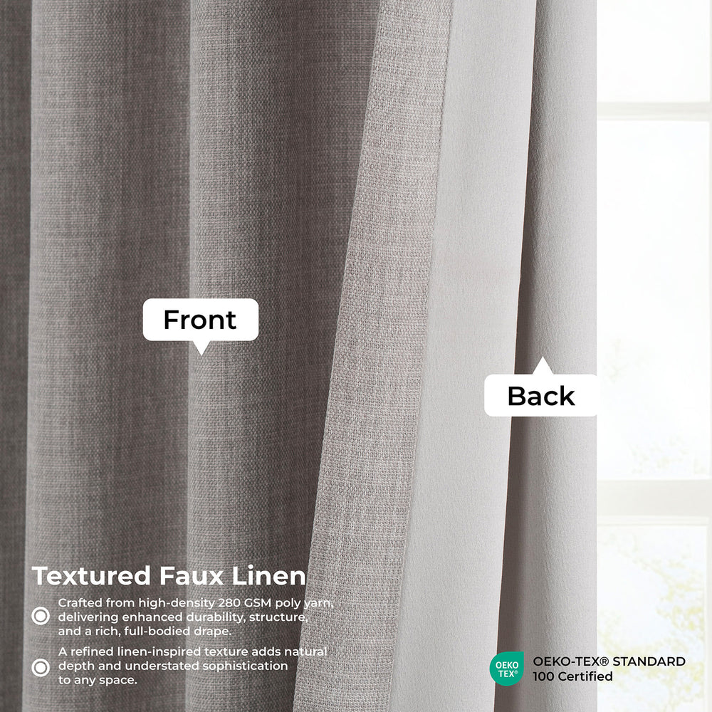 Textured faux linen curtain with labeled front and back, featuring OEKO-TEX certification.