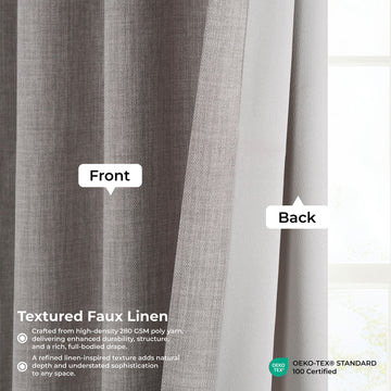 Textured faux linen curtain with labeled front and back, featuring OEKO-TEX certification.