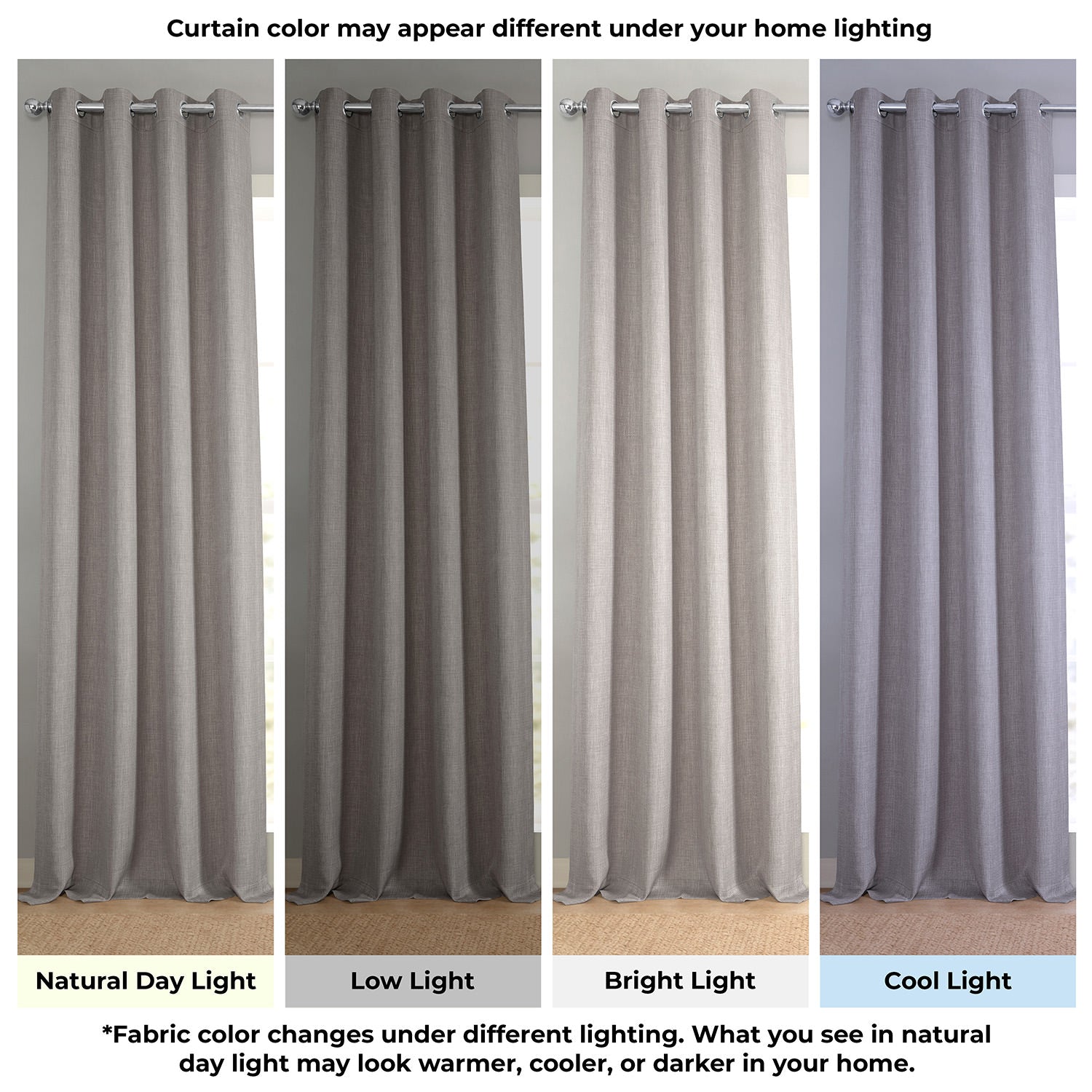 Gray curtains displayed under different lighting conditions to show color variation.