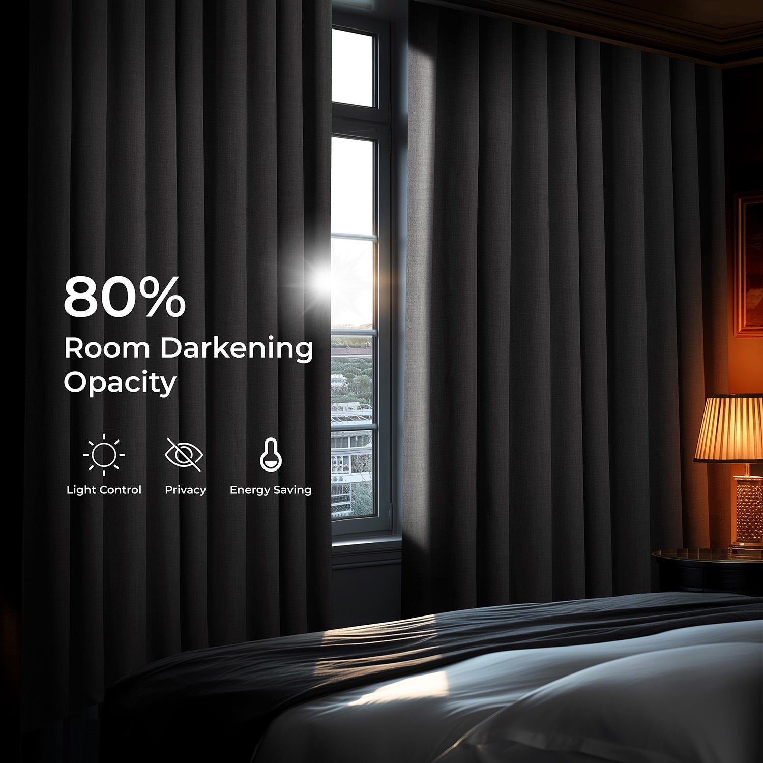 Blackout curtains in a bedroom with text indicating 80% room darkening opacity.
