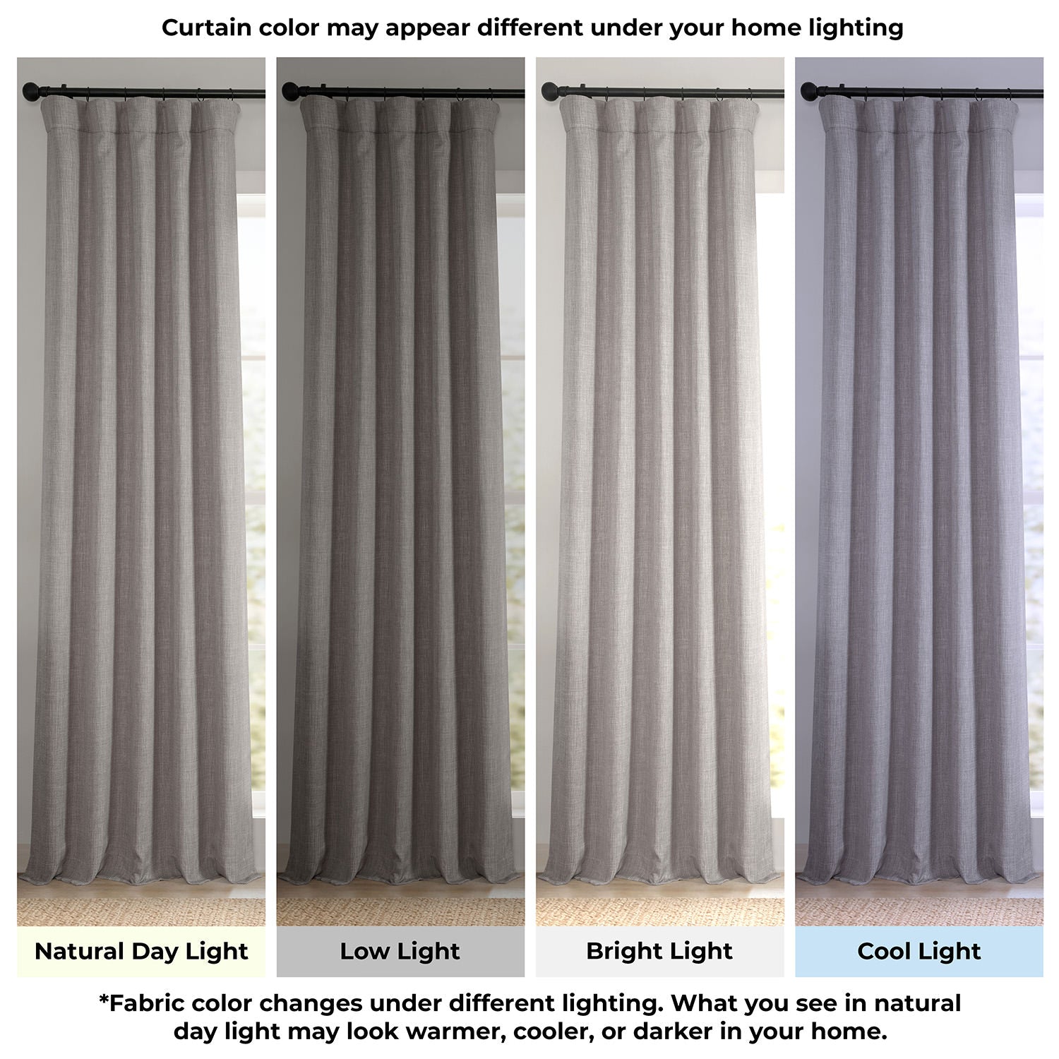 Gray curtains shown under different lighting conditions to indicate color variation.