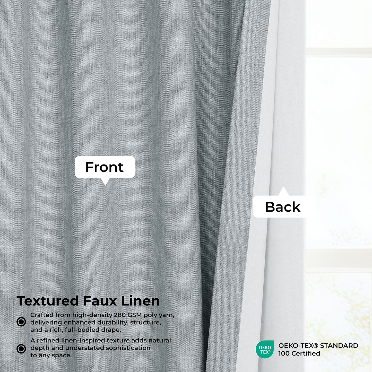 Textured faux linen curtain with labeled front and back, OEKO-TEX certification visible.