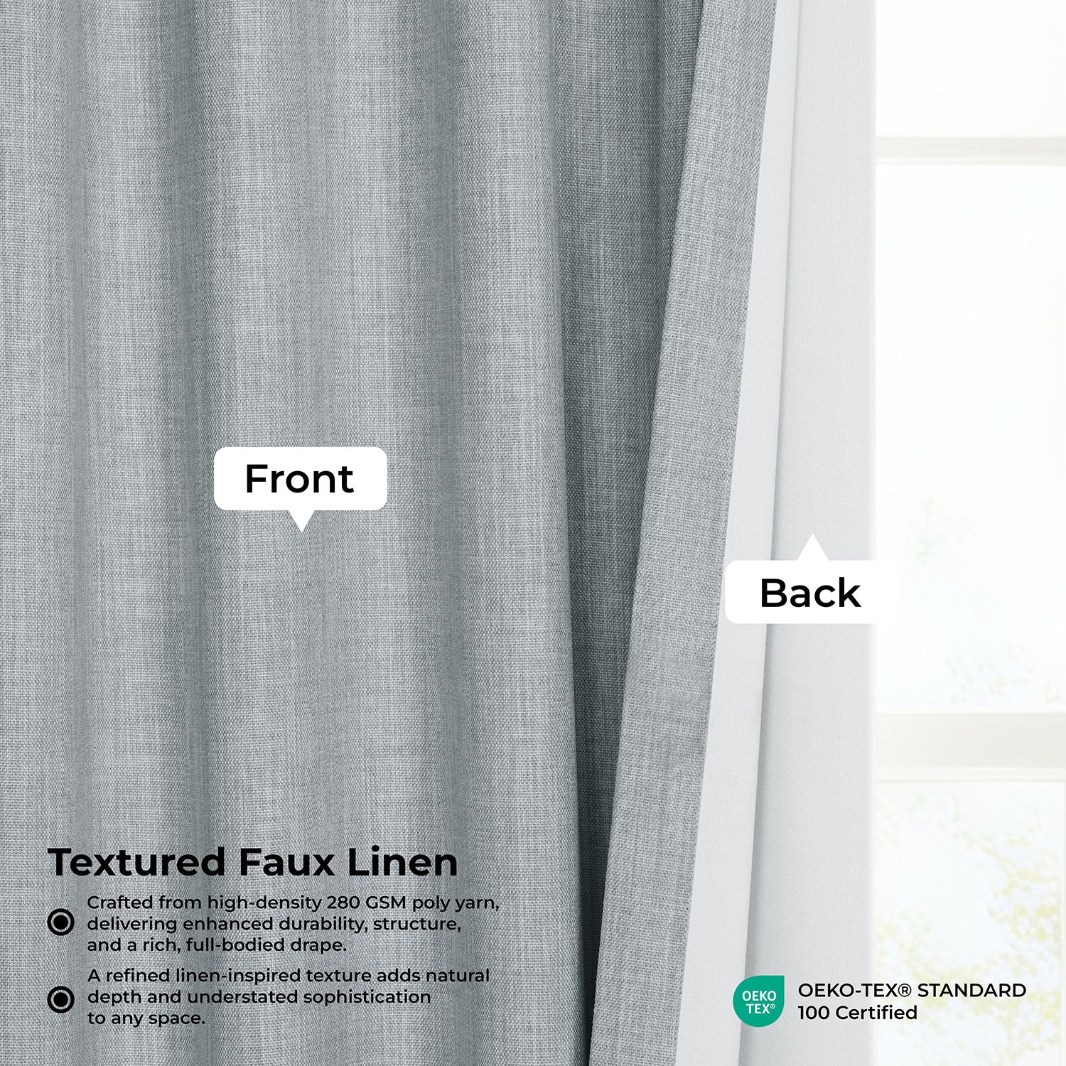 Textured faux linen curtain with labeled front and back, OEKO-TEX certification visible.