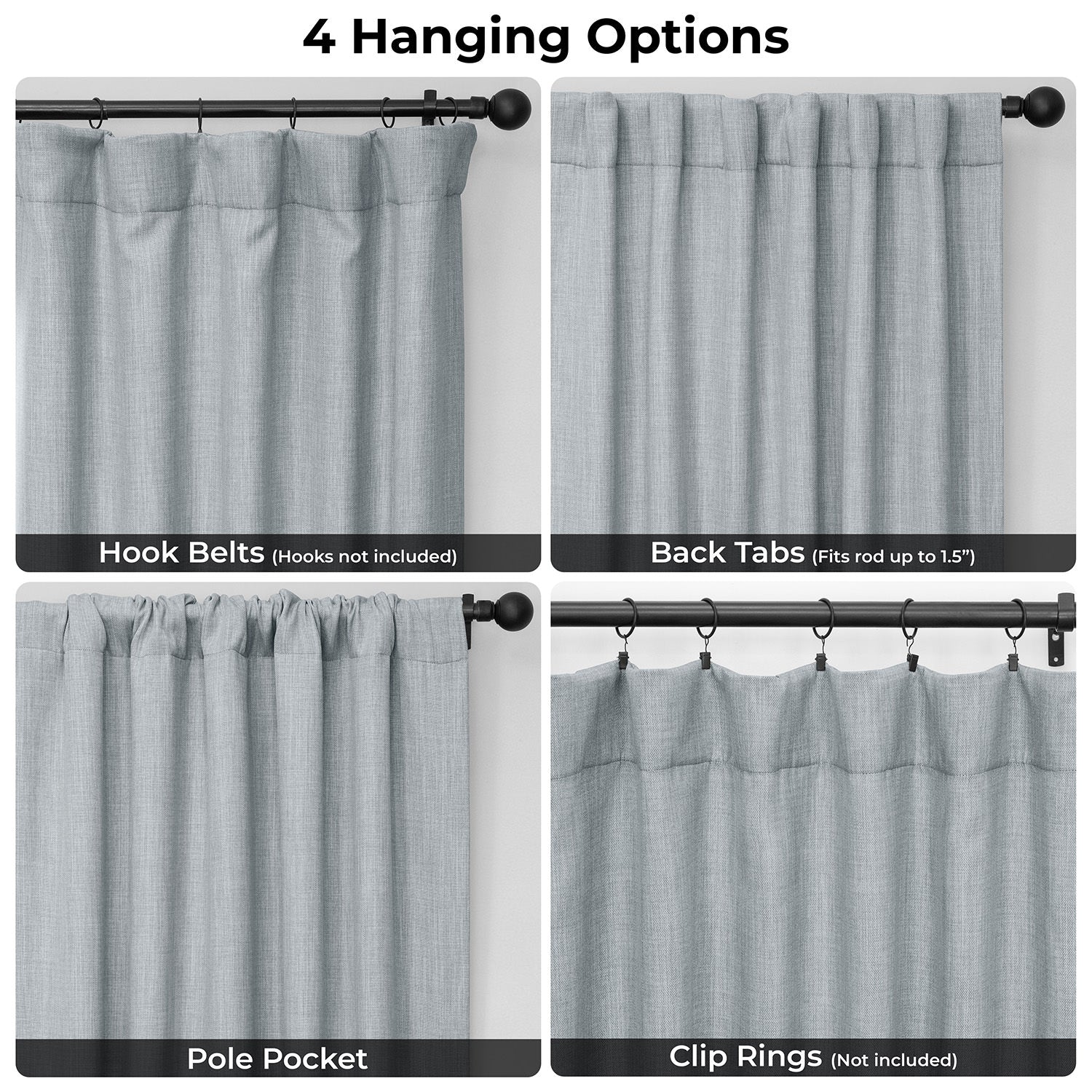 Four different hanging options for curtains on a gray background.