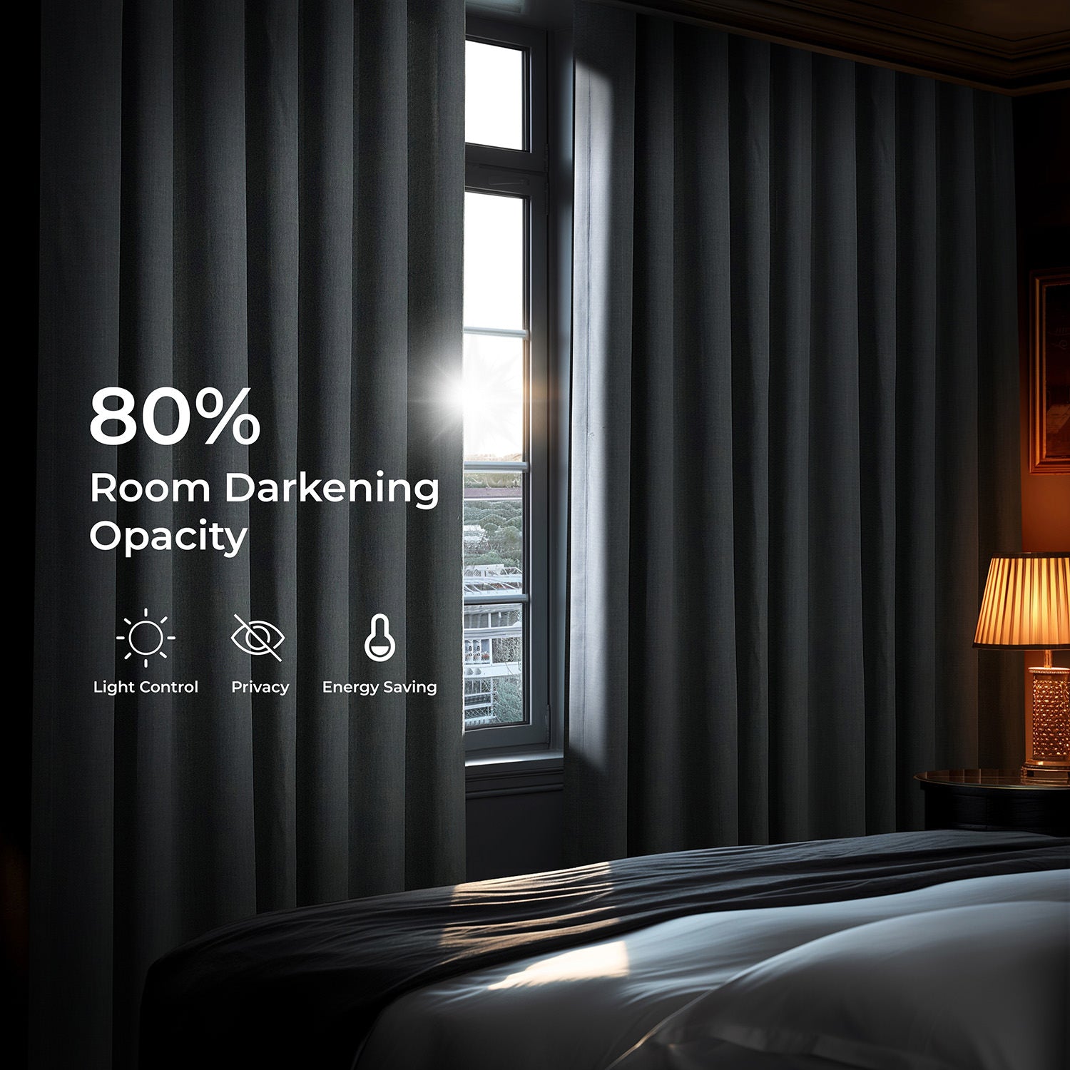 Dark curtains with text indicating 80% room darkening opacity in a bedroom setting.