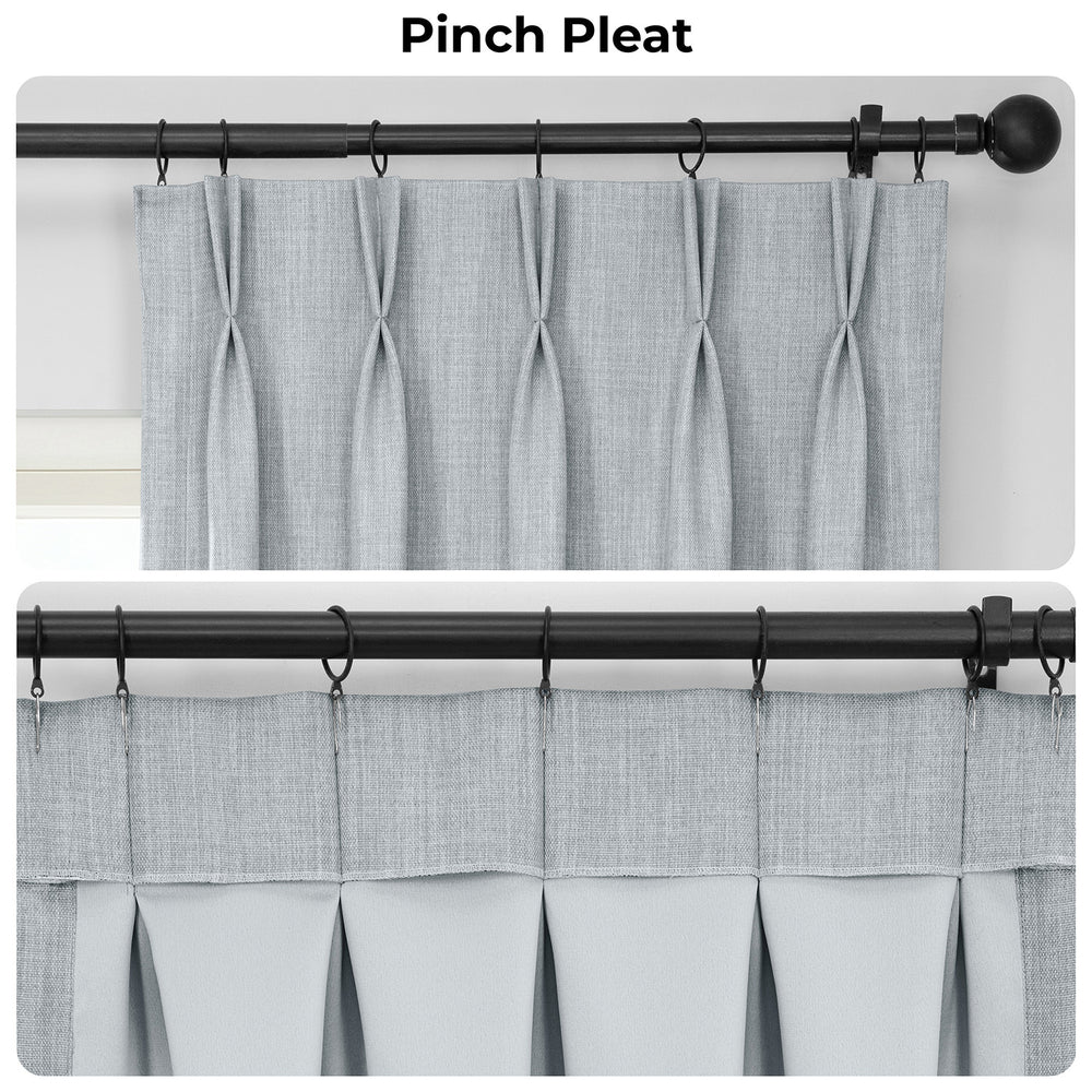 Gray curtains with a pinch pleat design on a white background