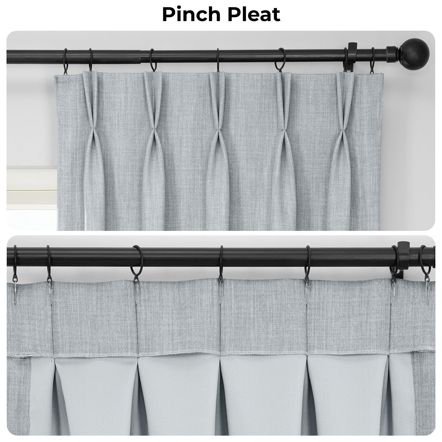 Gray curtains with a pinch pleat design on a white background