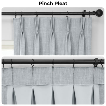 Gray curtains with a pinch pleat design on a white background