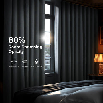 Dark curtains with text indicating 80% room darkening opacity in a bedroom setting.