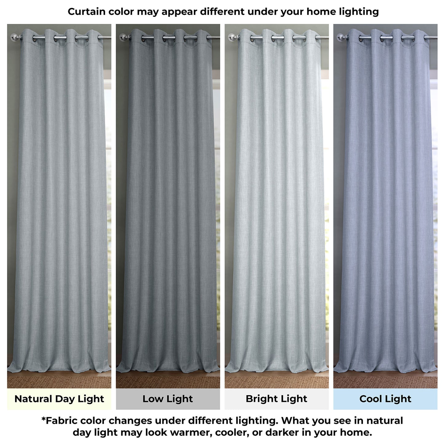 Set of four curtains shown in different lighting conditions with text indicating color appearance changes.