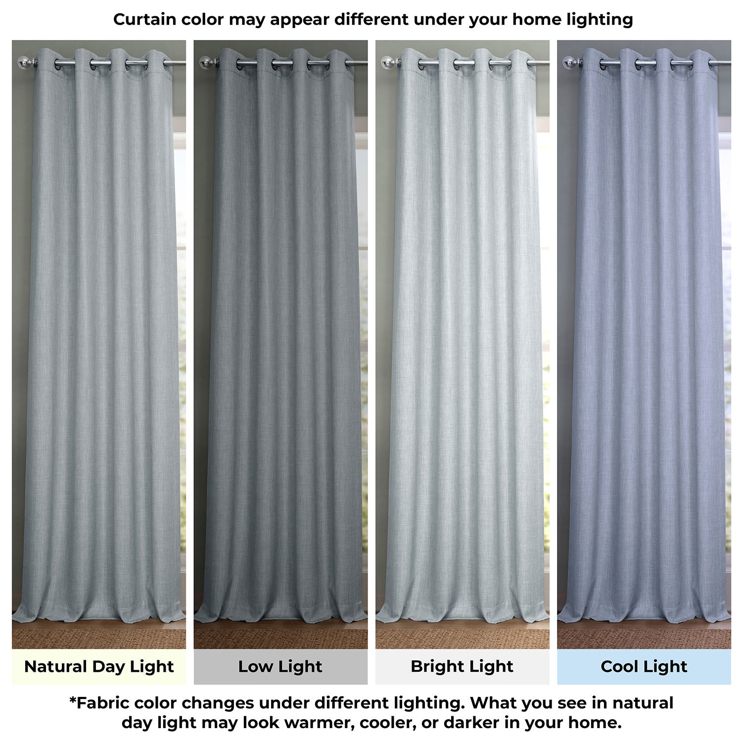 Set of four curtains shown in different lighting conditions with text indicating color appearance changes.