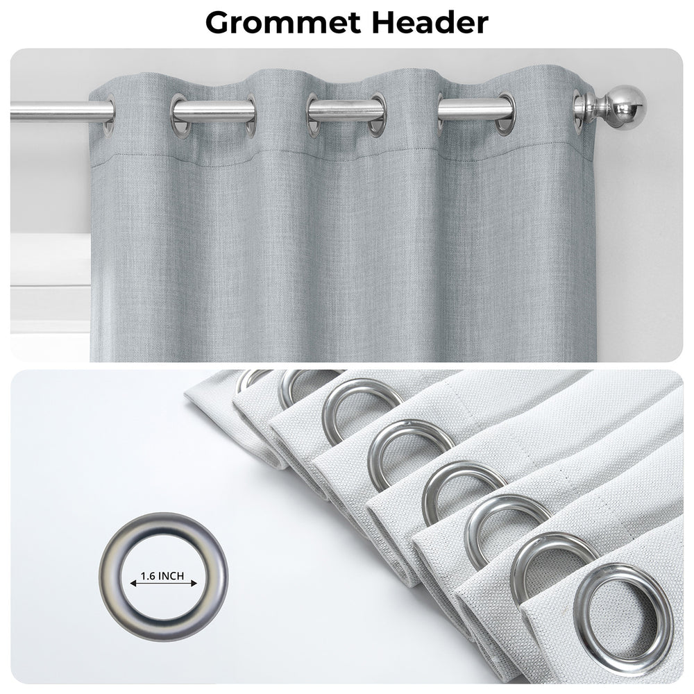 Gray curtain with grommet header and close-up of grommets on a white background