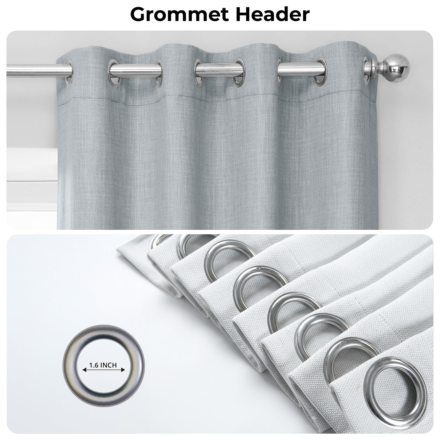 Gray curtain with grommet header and close-up of grommets on a white background