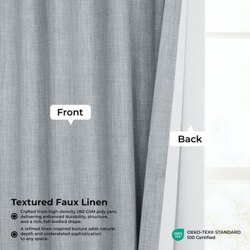 Textured faux linen curtain with labeled front and back, OEKO-TEX certification visible.