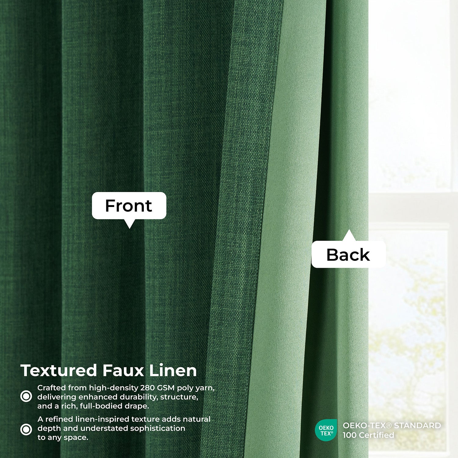 Key Green Extra Wide Textured Faux Linen Room Darkening Curtain