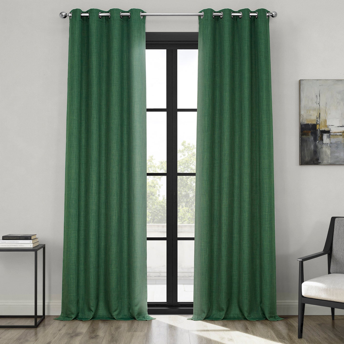 Key Green Grommet Textured Faux Linen Room Darkening Curtain