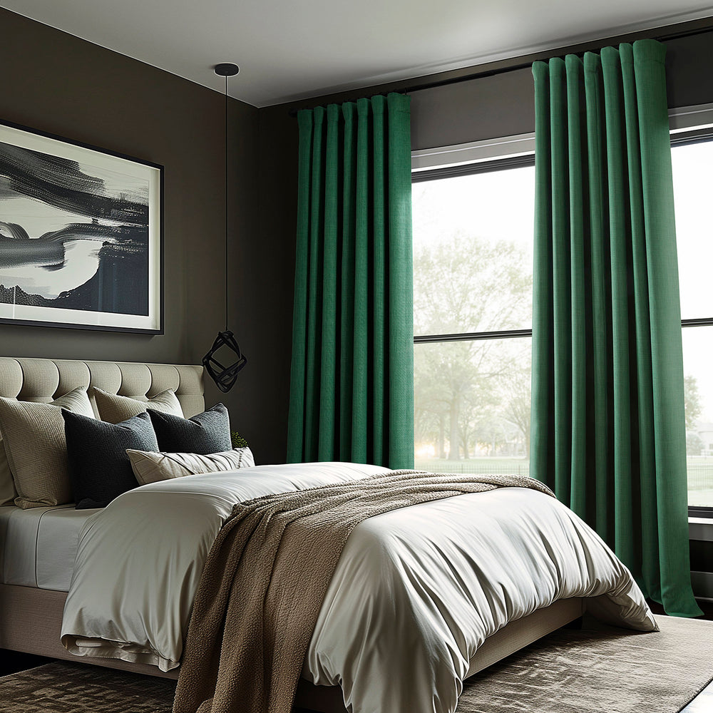 Key Green Textured Faux Linen Custom Curtain