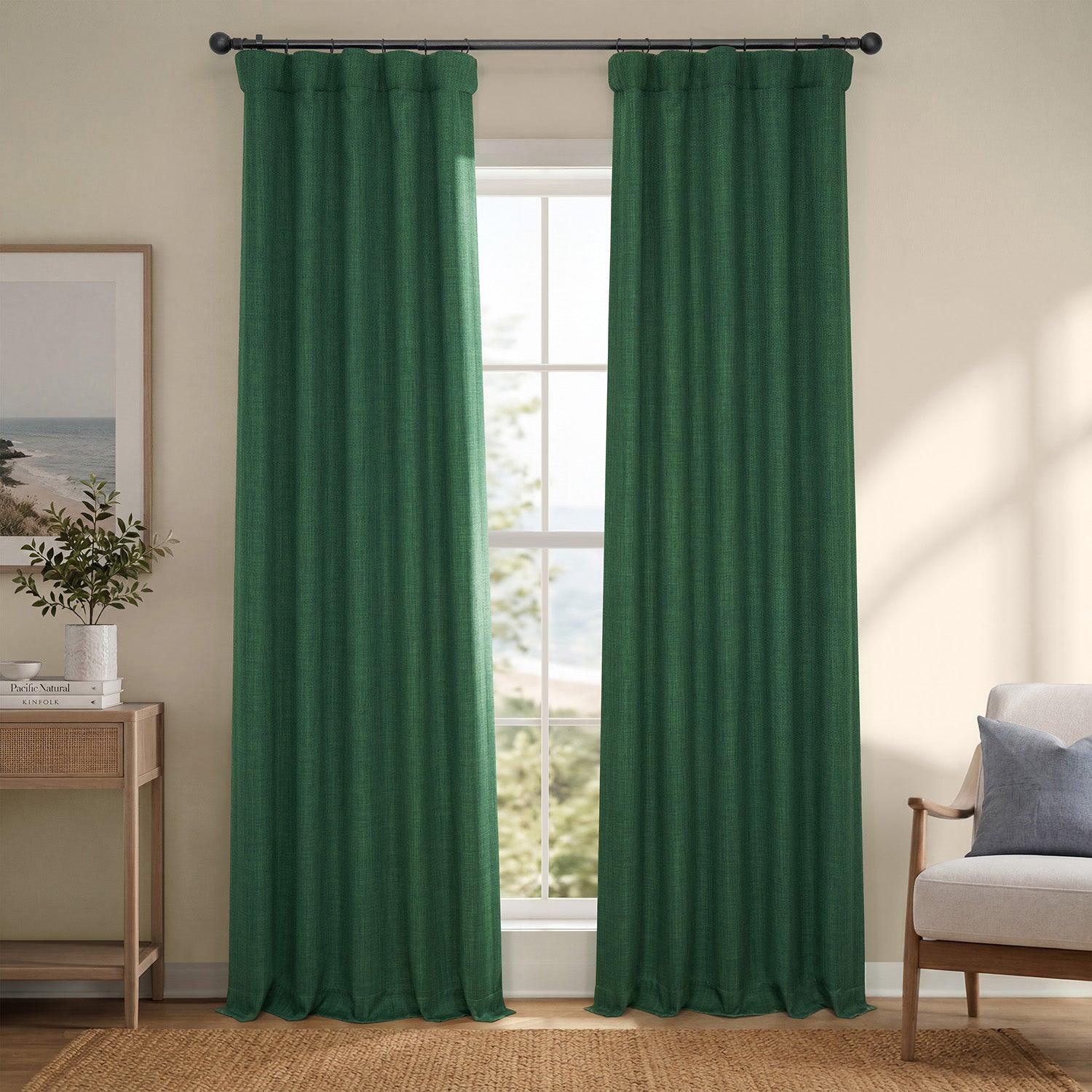 Key Green Textured Faux Linen Room Darkening Curtain