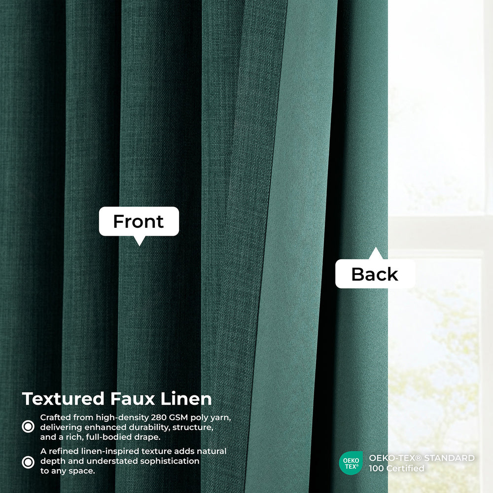 Focal Green Extra Wide Textured Faux Linen Room Darkening Curtain