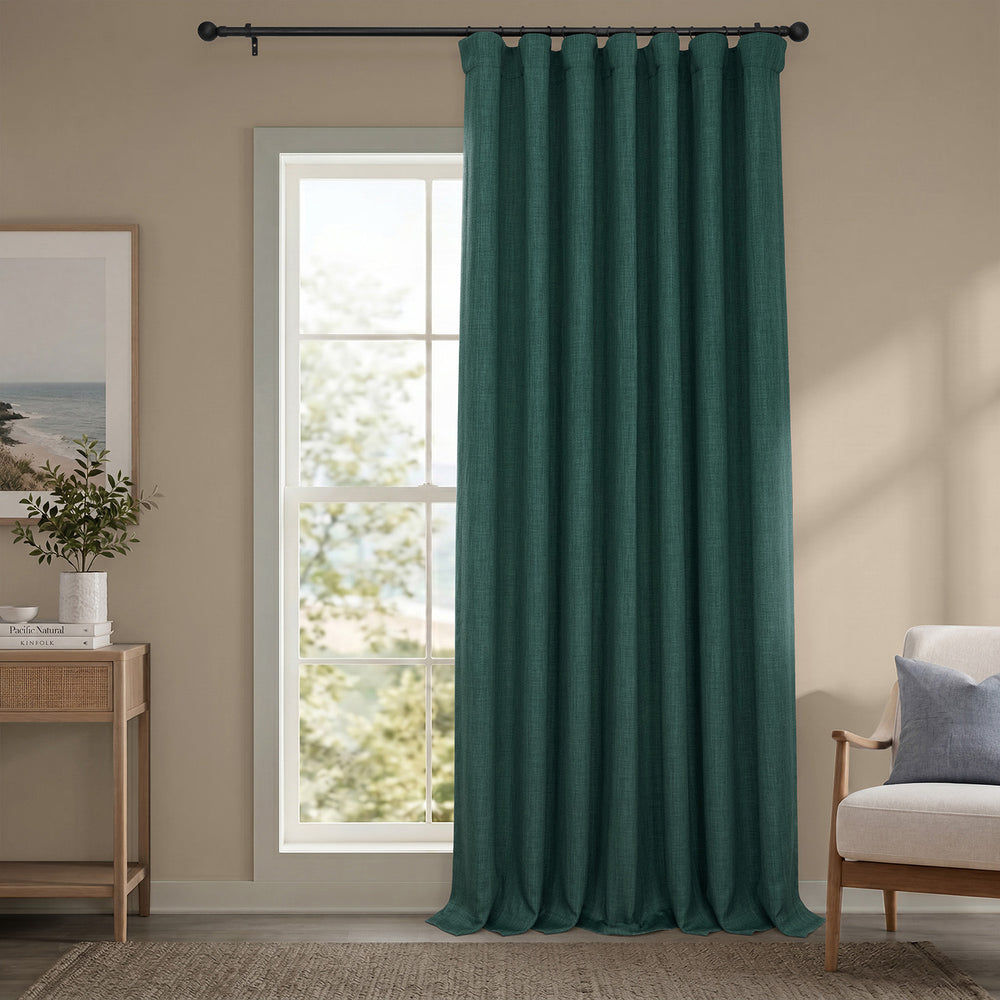 Focal Green Extra Wide Textured Faux Linen Room Darkening Curtain