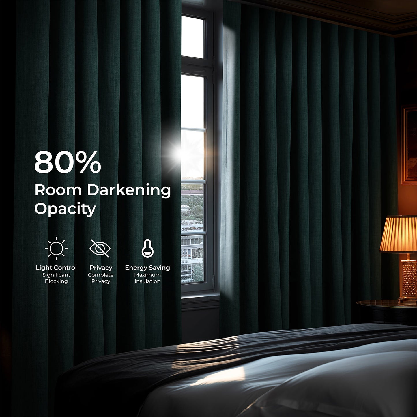 Focal Green Extra Wide Textured Faux Linen Room Darkening Curtain