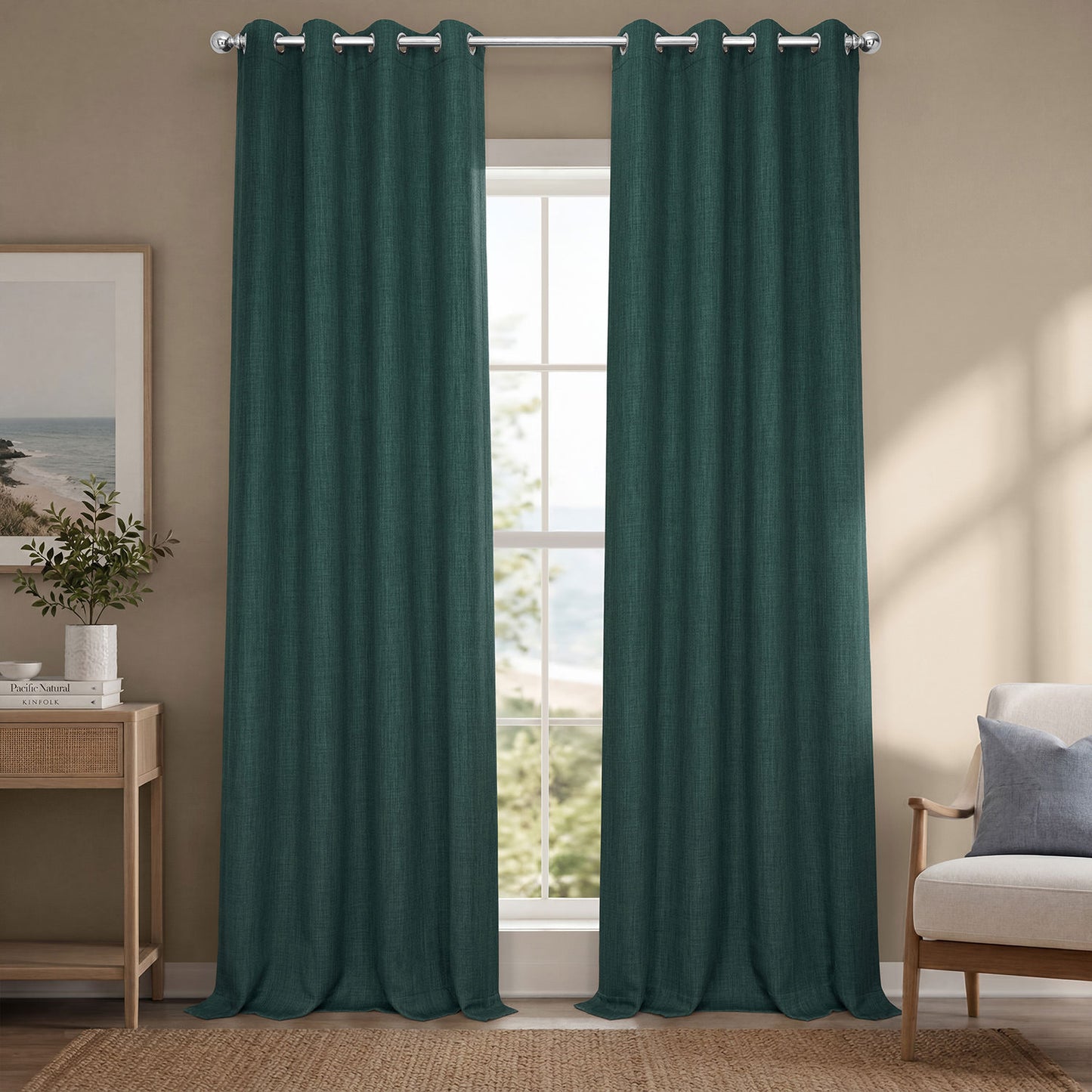 Focal Green Grommet Textured Faux Linen Room Darkening Curtain
