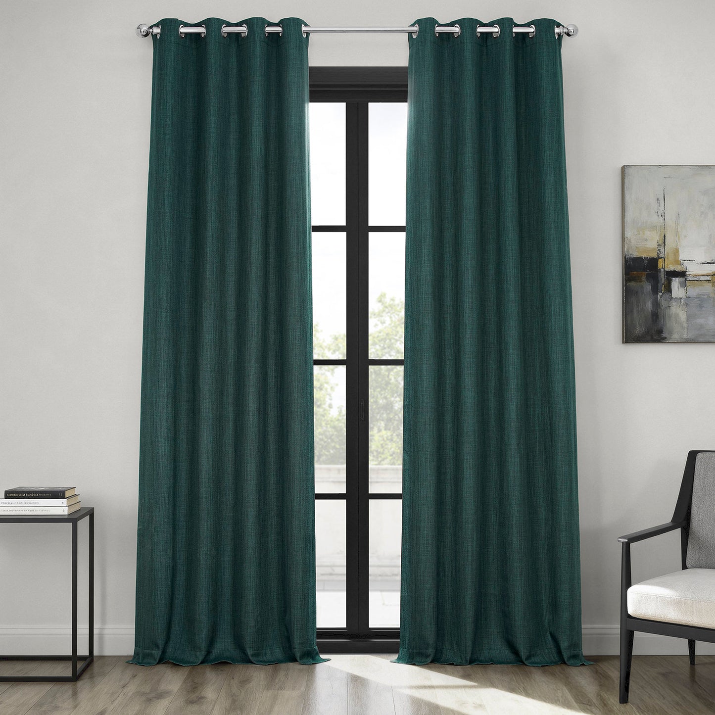 Focal Green Grommet Textured Faux Linen Room Darkening Curtain