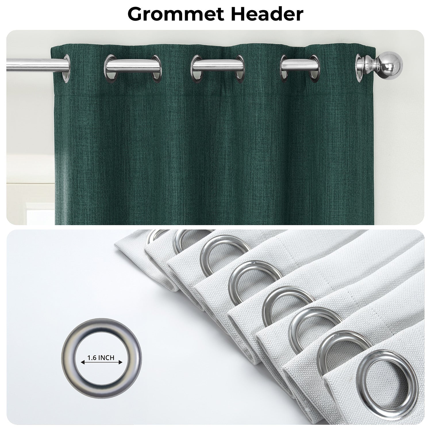 Focal Green Grommet Textured Faux Linen Room Darkening Curtain
