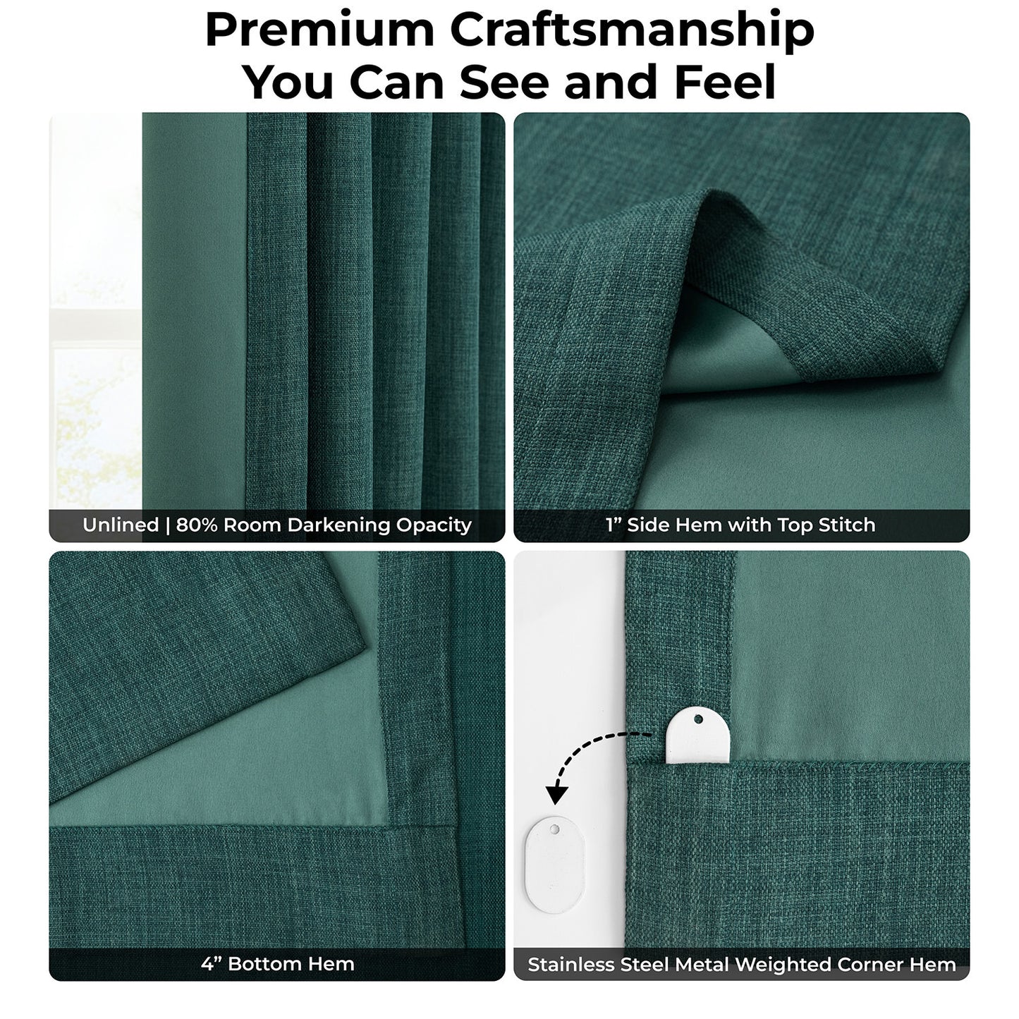 Focal Green Textured Faux Linen Room Darkening Curtain