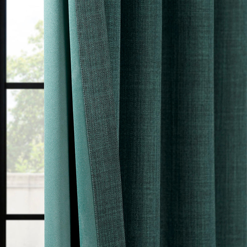 Focal Green Grommet Textured Faux Linen Room Darkening Curtain