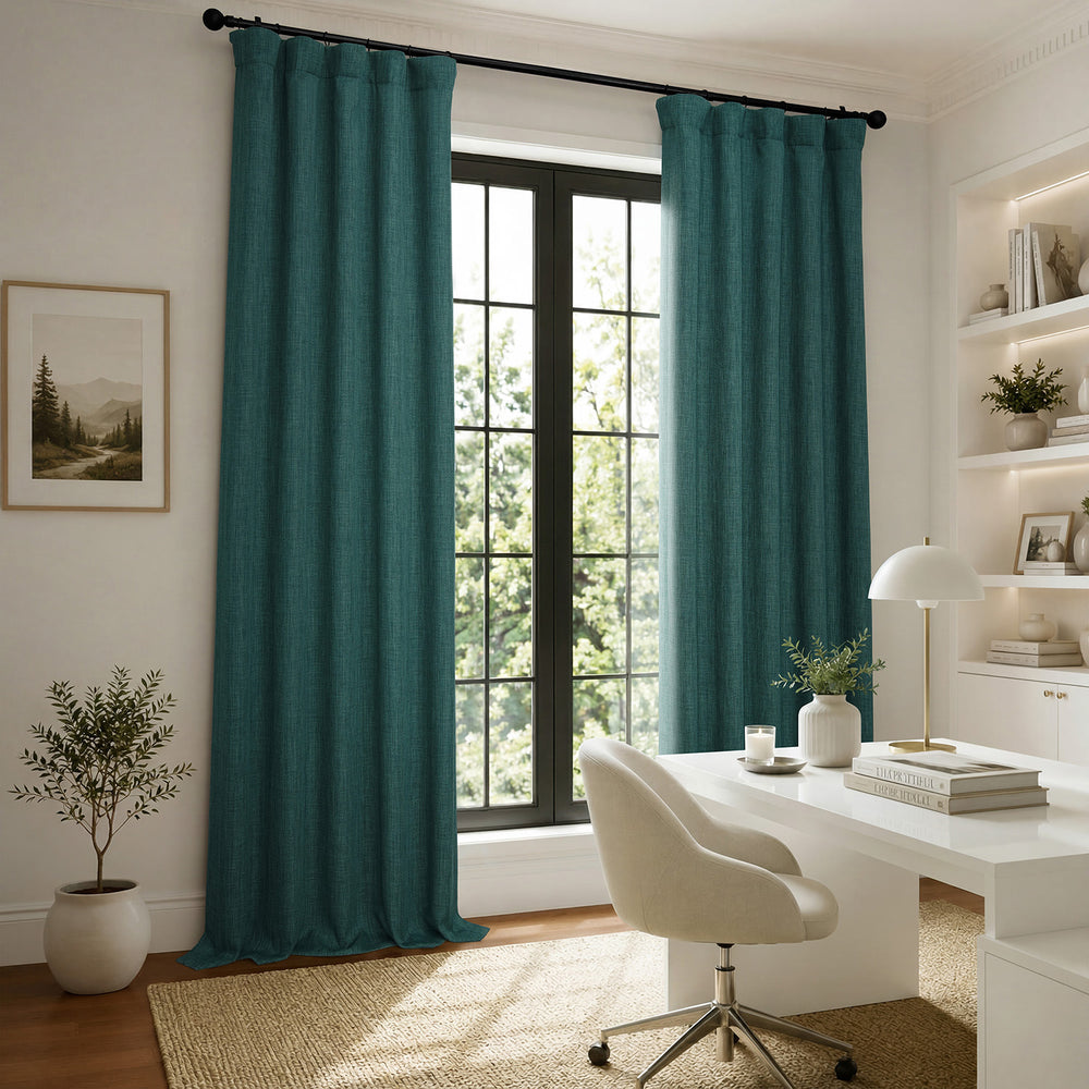 Focal Green Textured Faux Linen Room Darkening Curtain