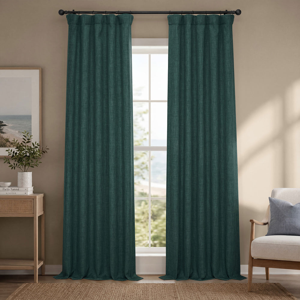 Focal Green Textured Faux Linen Room Darkening Curtain