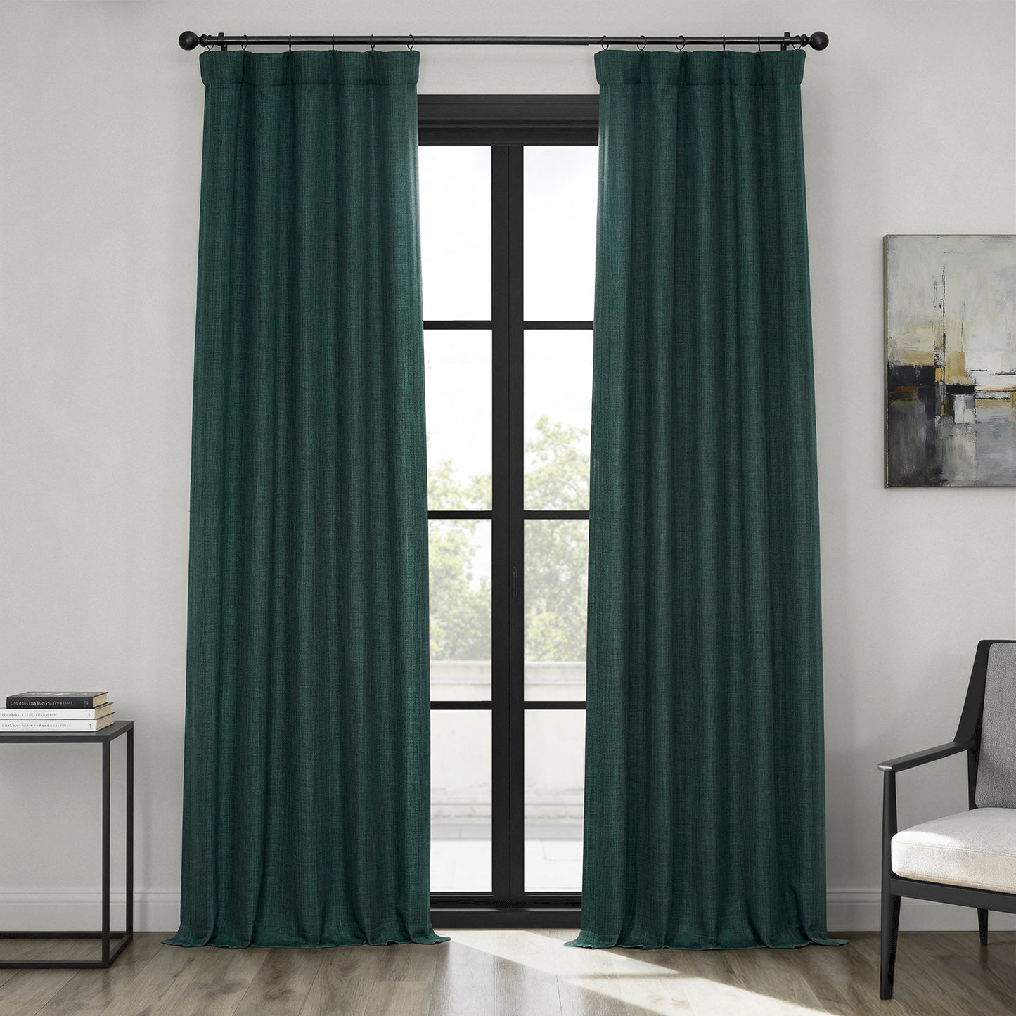 Focal Green Textured Faux Linen Room Darkening Curtain