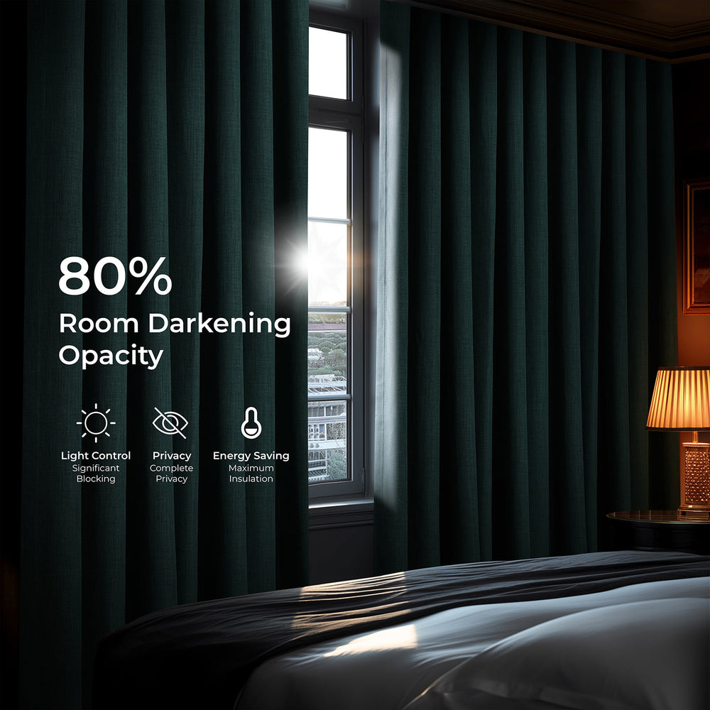 Focal Green Textured Faux Linen Room Darkening Curtain