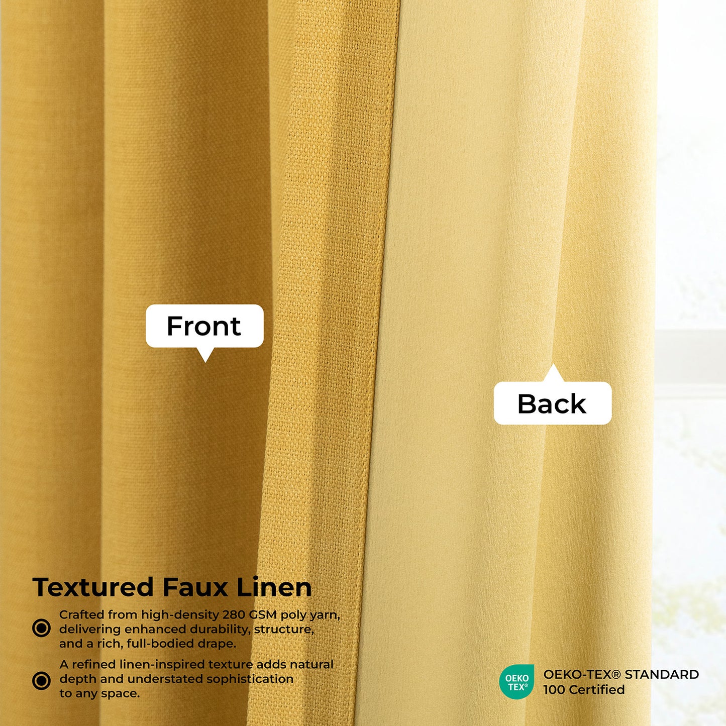 Ochre Textured Faux Linen Room Darkening Curtain