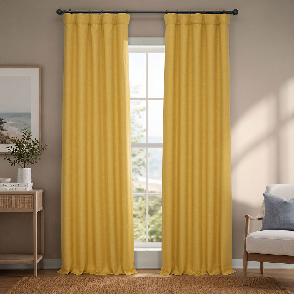 Ochre Textured Faux Linen Room Darkening Curtain