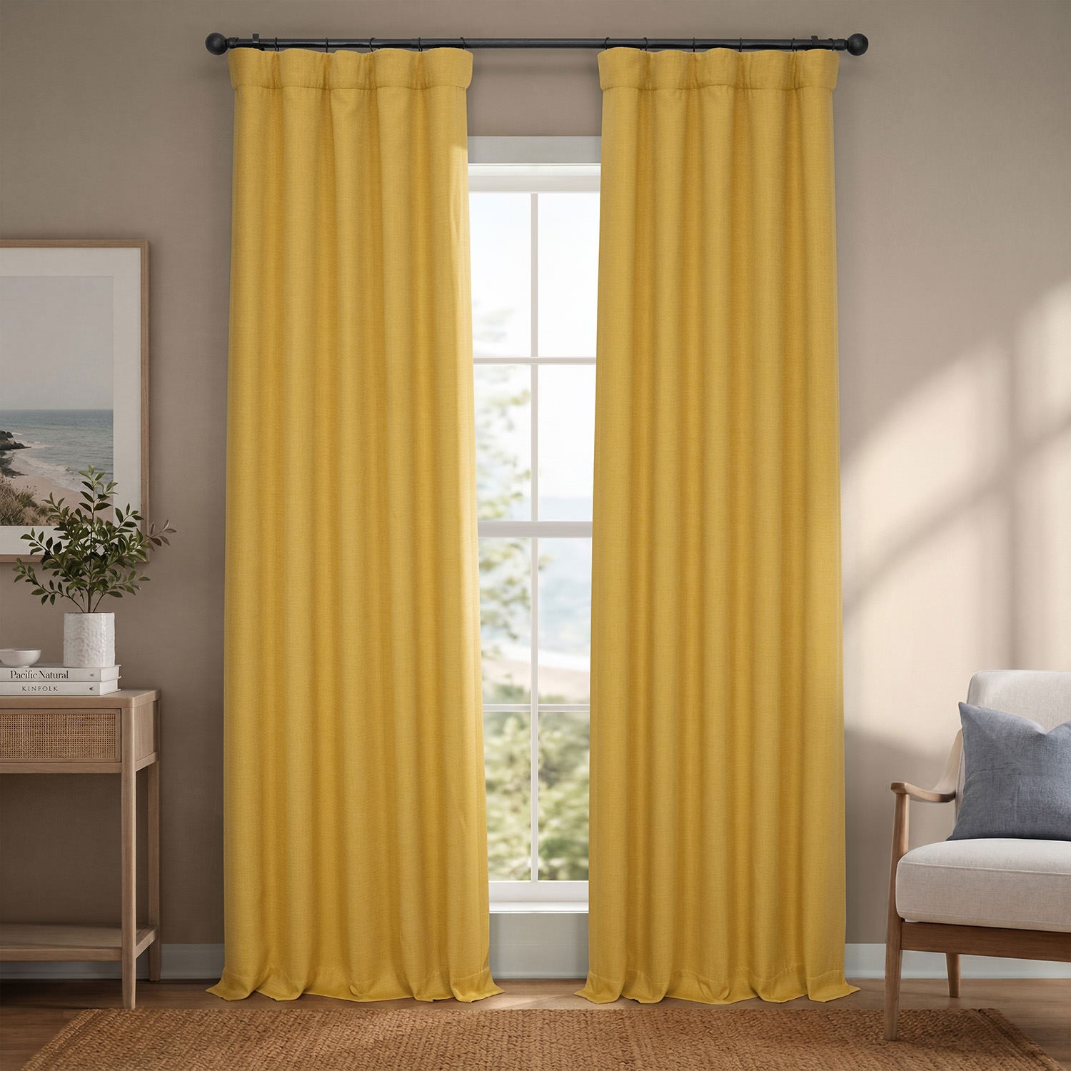 Ochre Textured Faux Linen Room Darkening Curtain