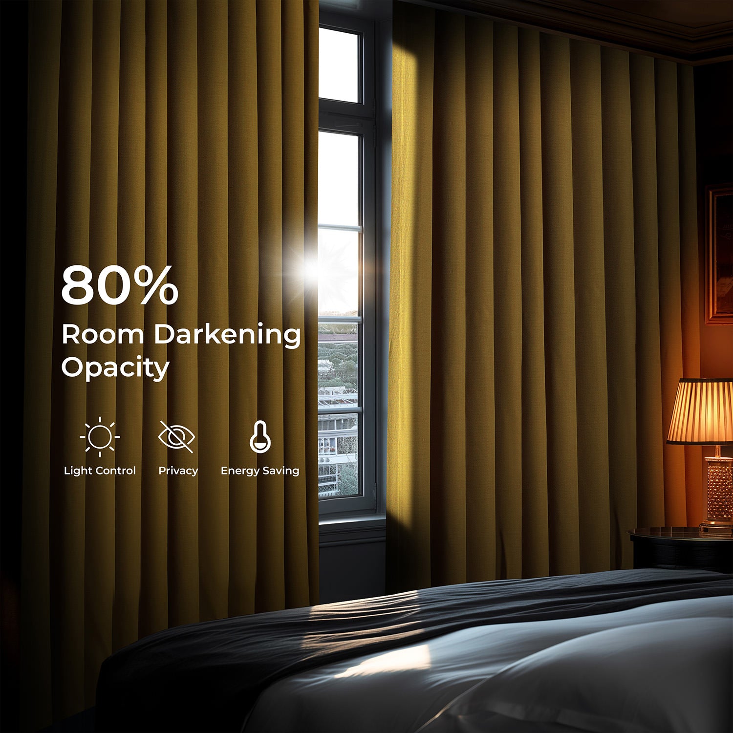 Ochre Textured Faux Linen Room Darkening Curtain