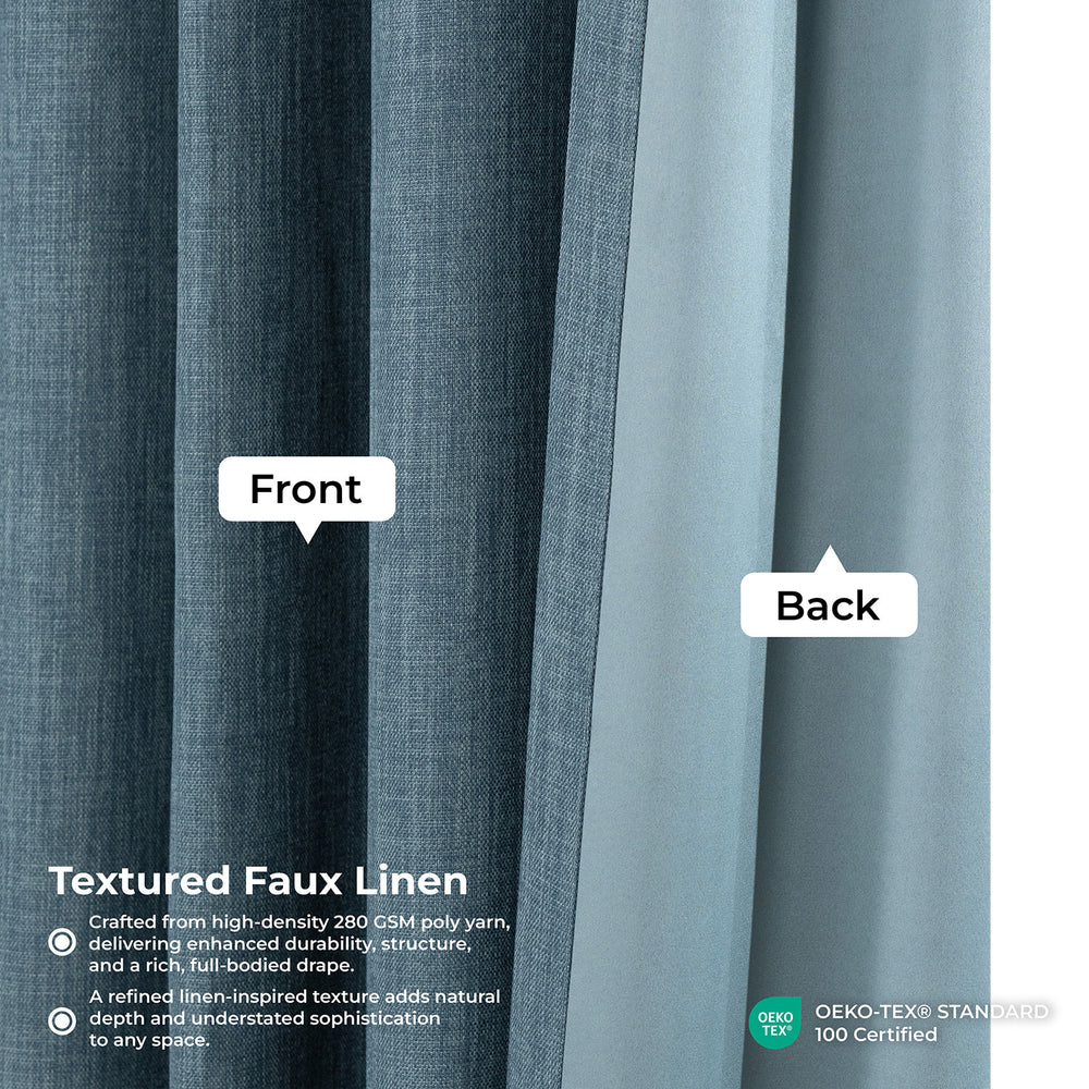 Reverie Blue Extra Wide Textured Faux Linen Room Darkening Curtain