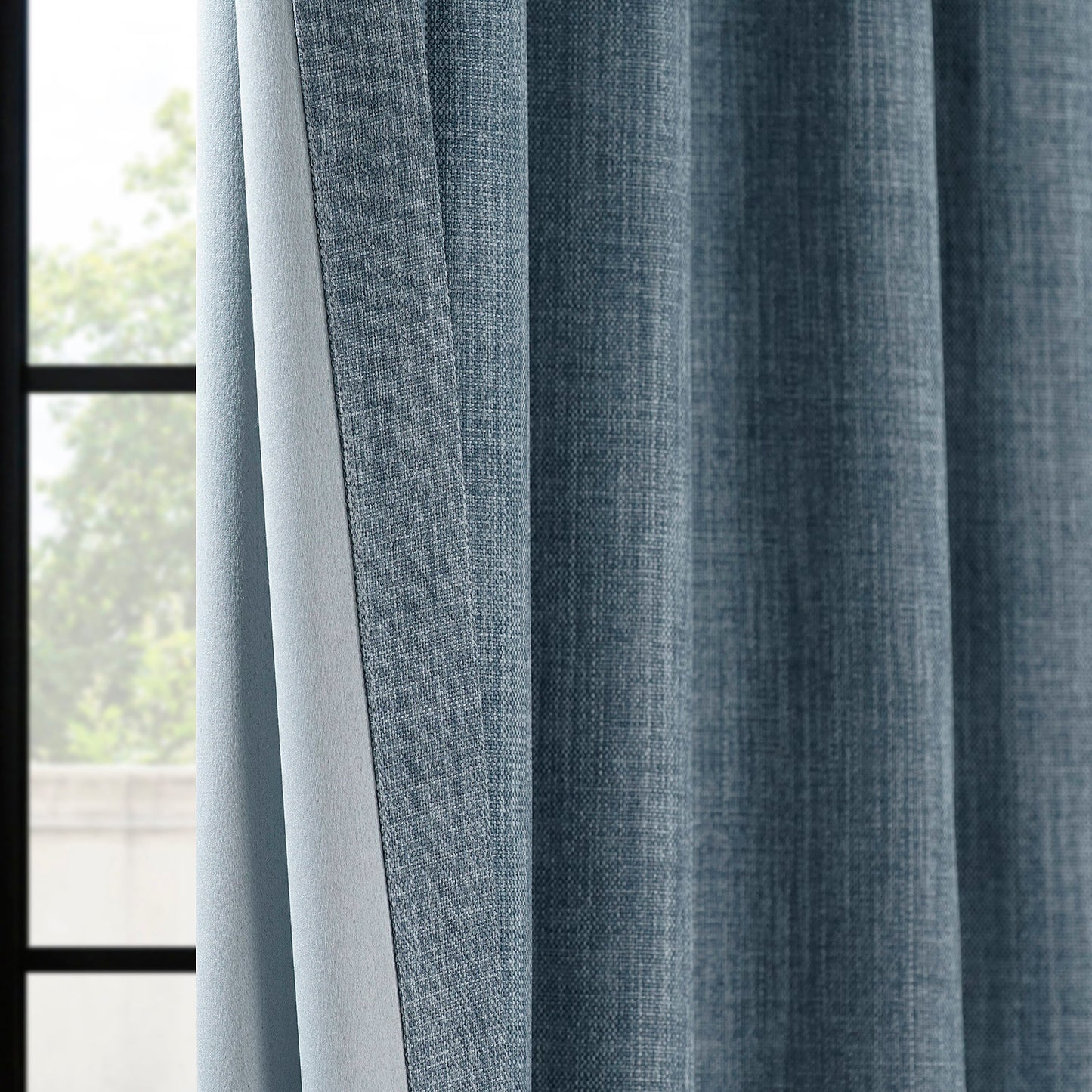 Reverie Blue Extra Wide Textured Faux Linen Room Darkening Curtain